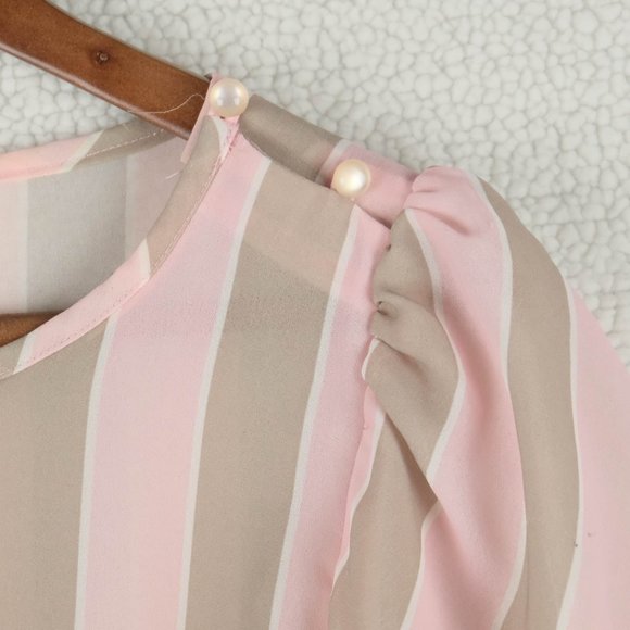 Vintage Summer Dress Womens Large Pink Beige Striped Sheer Midi Belted 70s - Picture 4 of 13